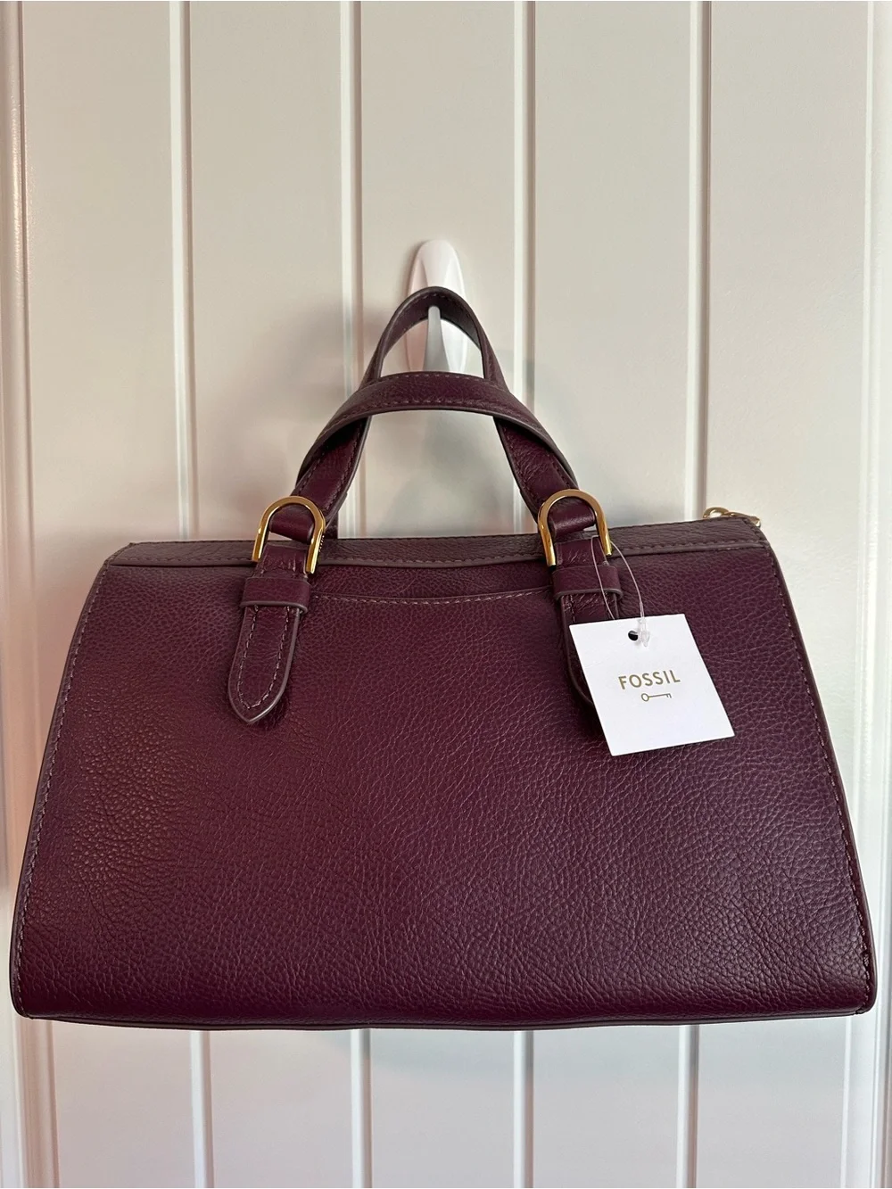 Fossil Women's Burgundy Pebbled Leather Satchel with Brass tone hardware